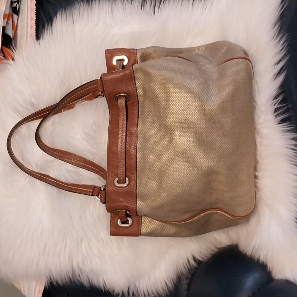 3656 Large Michael Kors Drawstring Satchel Shoulder Bag Sparkly Fabric /Leather - Picture 6 of 12